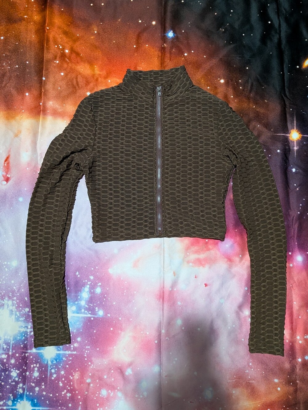 🤎 Textured Cropped Zip-Front Jacket in Brown
